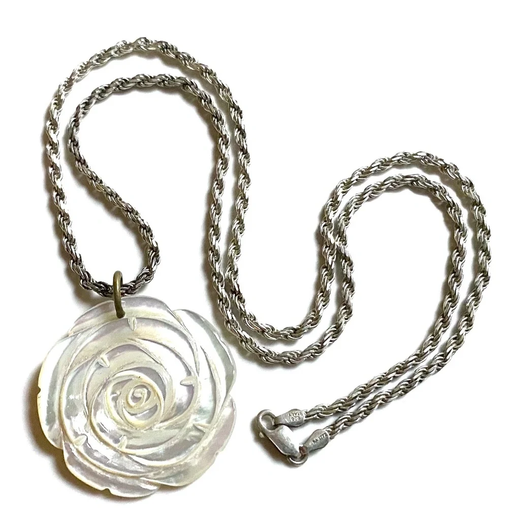 Sterling Silver Carved White Rose Necklace - Picture 1 of 5
